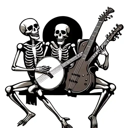 3 Skeletons Playing Banjo Sitar And Bass Guitar Sitting In A Circle In Grateful Dead Style