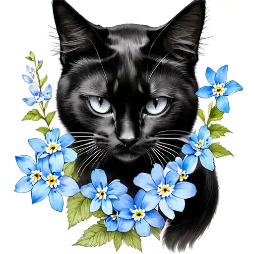 Black Cat And Myosotis