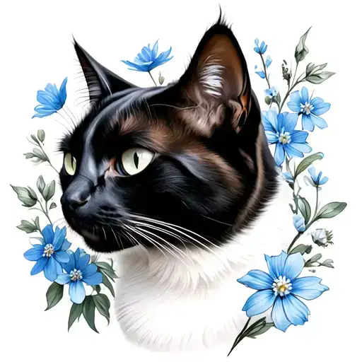Black Cat In Profile And Myosotis