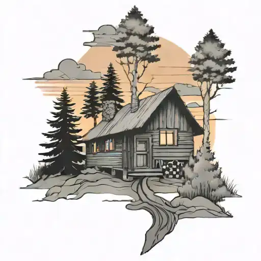 Cabin With Trees Colors Sunset