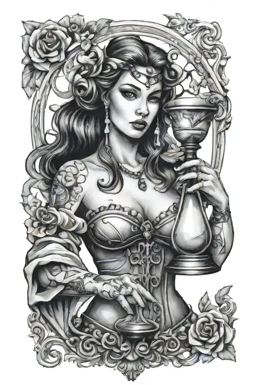 Roman Style Woman Holding An Hourglass Containing A Wooo Doll