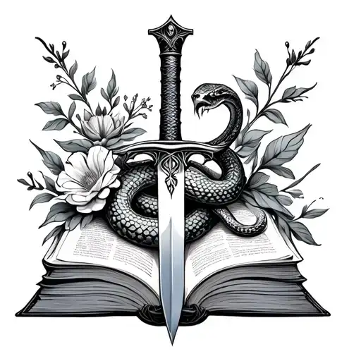 Sword Through Books With A Snake And Flowers