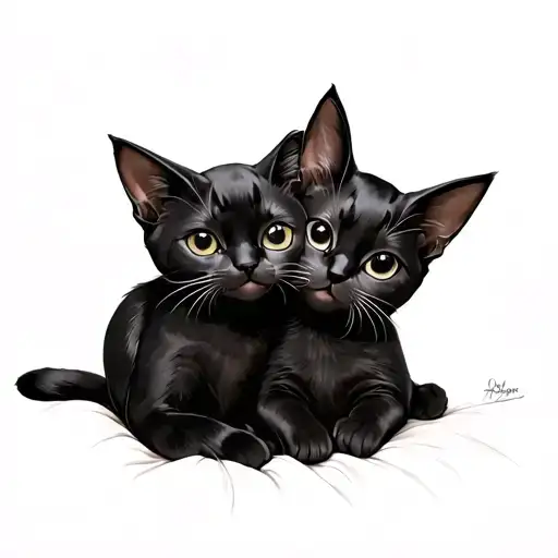 Two Black Cats Studio Ghibli Art Style Cuddling