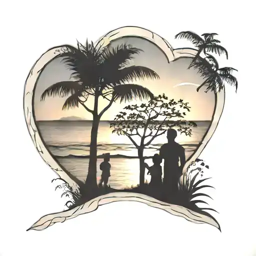 Family Tree Beach Sundown Palm Father Doughter Heart