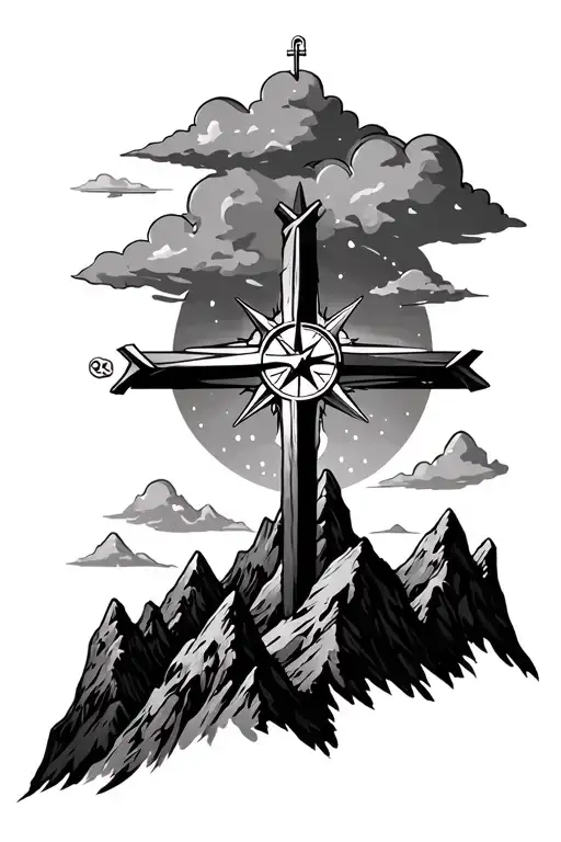 Mountains With A Compass A Cross And Clouds