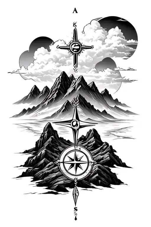 Mountains With A Compass A Cross And Clouds