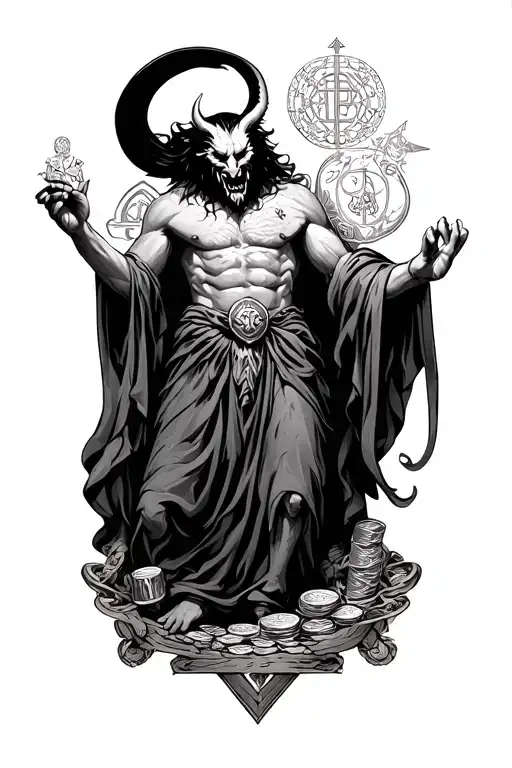 Mammon The Biblical Demon Surrounded By Symbols Greed And Wealth