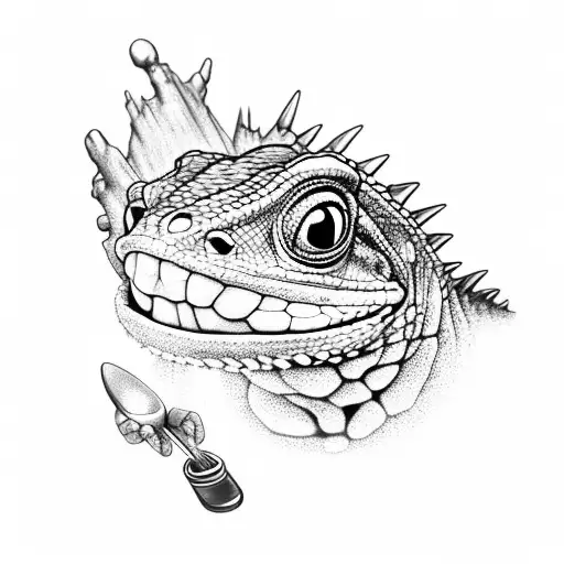 A Lizard Holding A Spoon Drawn In Black And Gray