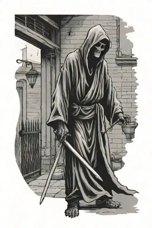 Grim Reaper Standing In Alley Street With Tall