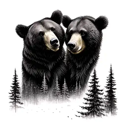 Husband And Wife Correlating Tattoos Black Ink Involving Forest And Bears
