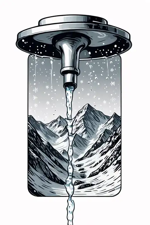 Faucet Tap With Water Turning Into Snowflakes Over The Mountains