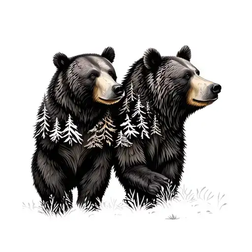 Husband And Wife Correlating Tattoos Black Ink Involving Forest And Bears