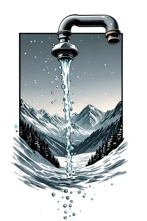 Faucet Tap With Water Turning Into Snowflakes Over The Mountains