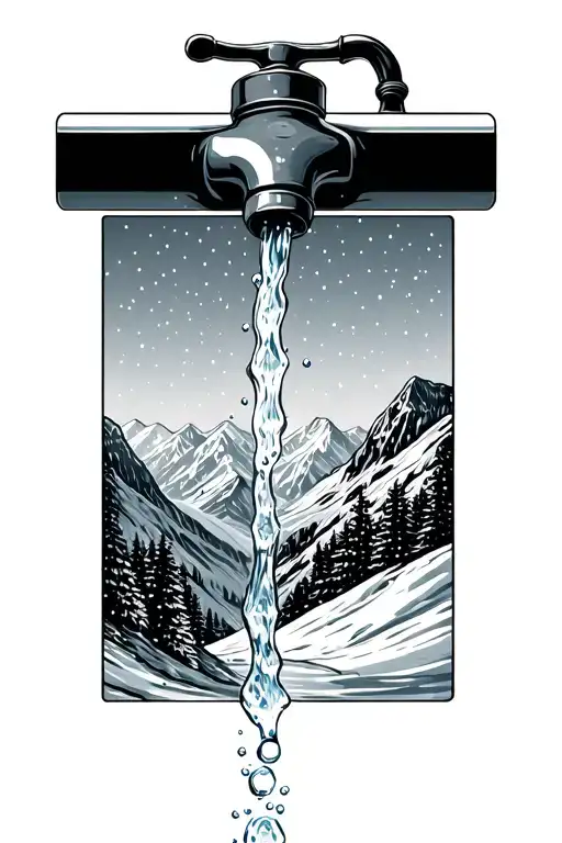 Faucet With Water Turning Into Snowflakes Over The Mountains