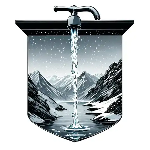 Faucet With Water Turning Into Snowflakes Over The Mountains