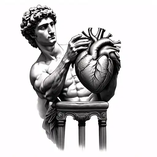 Roman Man Holding Up Anatomical Heart On Pedastool