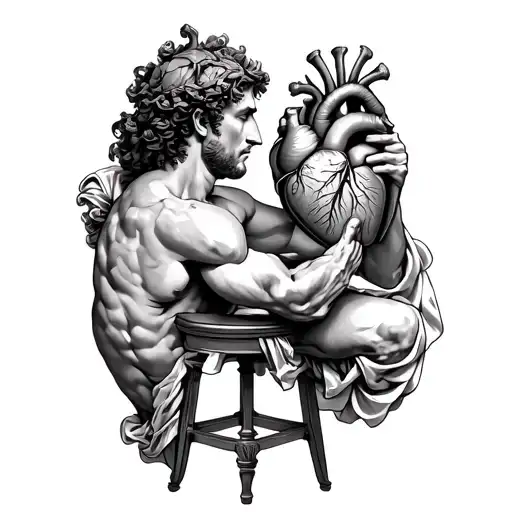 Roman Man Holding Up Anatomical Heart On Pedastool Struggling