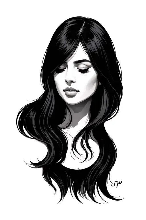 Portrait Of A Womans Face Thats Tilted To Side Thats Looking Down With Long Straight Black Hair