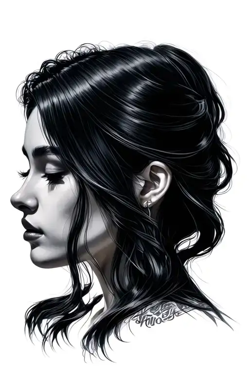Portrait Of A Womans Face Thats Tilted To Side Thats Looking Down With Long Straight Black Hair