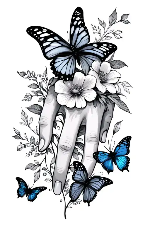 Floral Hand Tattoo With Butterflies