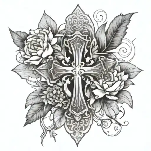 Fine Line Cross With Marigolds And Water Lillies