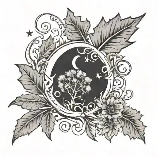Intertwine Oak Leaf With Dandelion And Crescent Moon