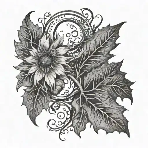 Intertwine Oak Leaf With Dandelion And Crescent Moon