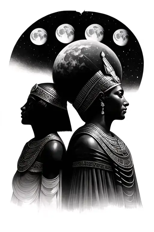Egyptian King And Queen Looking At Space With 4 Moons