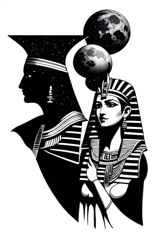 Egyptian King And Queen Looking At Galaxy With 4 Moons