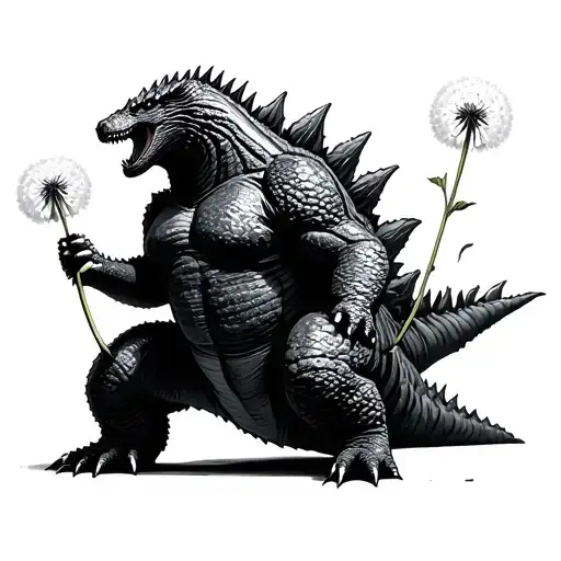 Godzilla Holding A Dandelion Flower