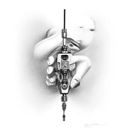 A Realistic Black And Grey Portrait Of A Tattoo Machine