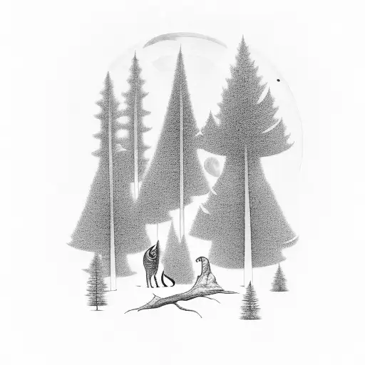 An Intricate Black-grey Tattoo Of A Moonlit Forest With Animals Playing Musical Instruments