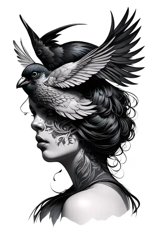 Women Face With Bird Wrapped Around Her Head