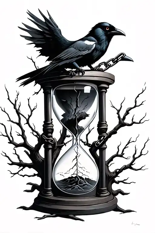 Broken Hour Glass With Dead Tree And Raven And Chain