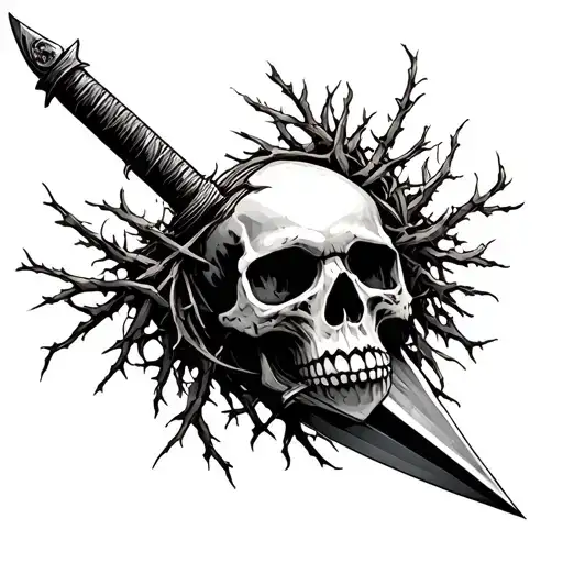 A Skull With A Dagger Through It But They're Covered In Thorns And Brush Due To Age