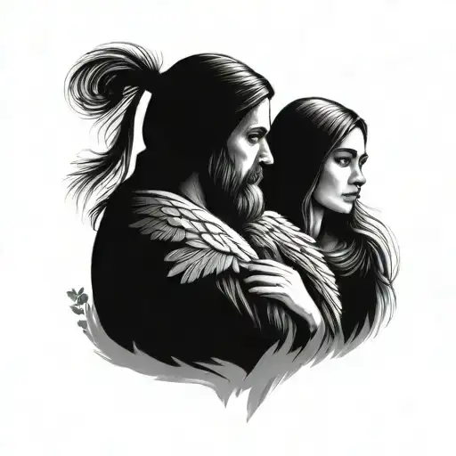 Father Daughter In Slavic Style Realism And Graphics Arrangement
