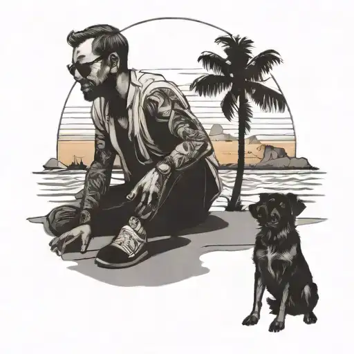 Sunset Beach With A Man And His Dog Sitting