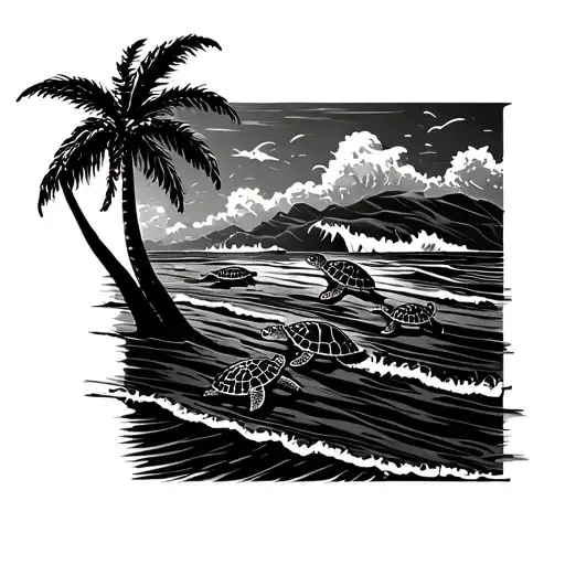 Shoreline With Palm Trees And Waves Crashing As Three Baby Sea Turtles Move To The Shoreline