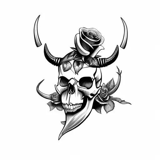 Skull With Horns And A Rose In The Mouth