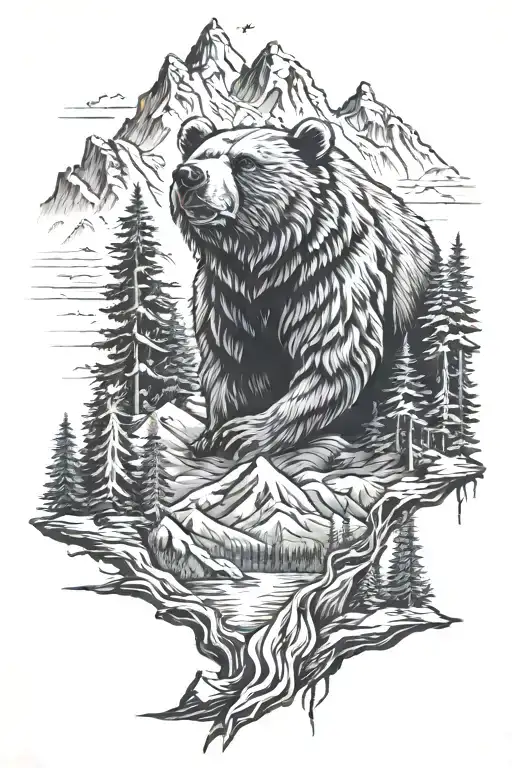 Roaring Bear Made Of Trees And Mountains