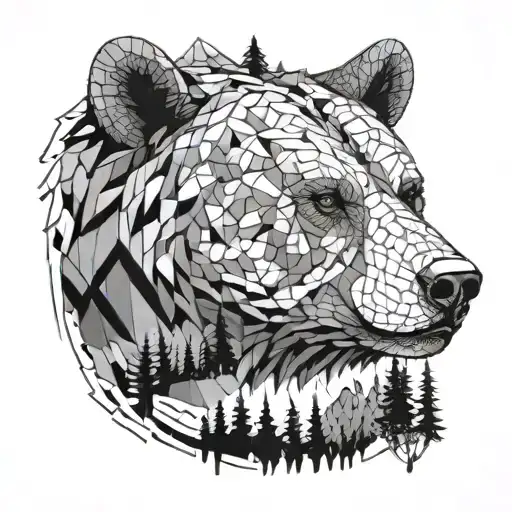 Mosaic Bear Head From Trees And Mountains