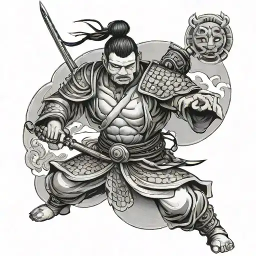 Japanese Samurai With Onimask Carapace And Buddha