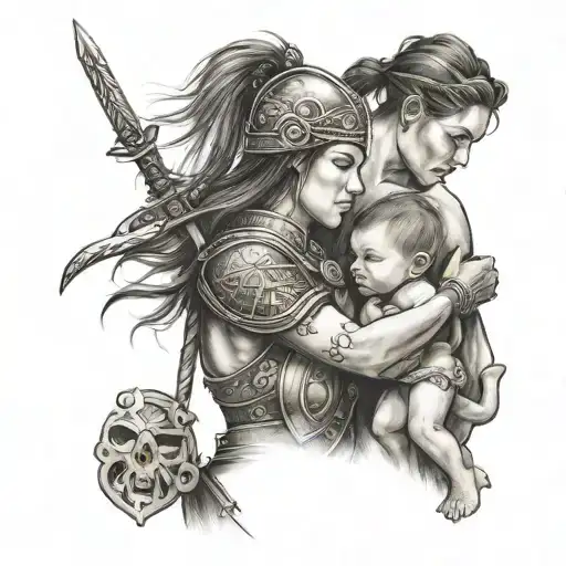 Woman Warrior Holding Hands With Little Boy