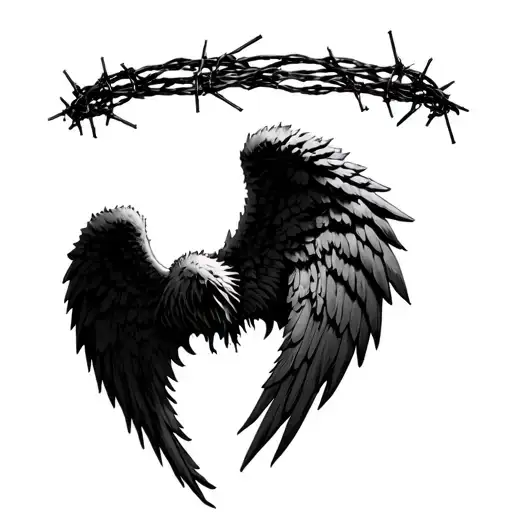 Dismembered Black Angel Wings With A Halo Made Of Barbed Wire Above It