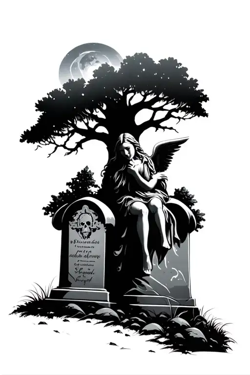 Small Angel Weeping Sitting On A Headstone Under A Big Dead Tree And Night Sky