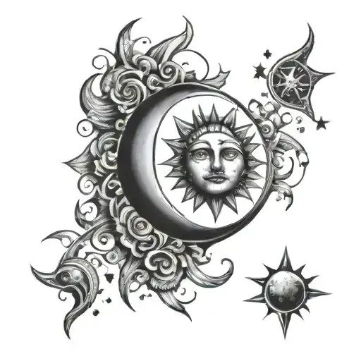 Sun And Moon Tattoo With A Cresent Moon And Stars Forming