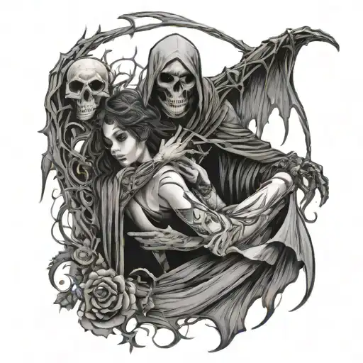 Thorns Wrapped Around Reaper Holding A Girl Sitting