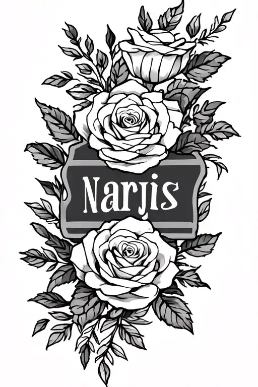 Vertical Tattoo Of Two Name Narjis&mohammed Whith Rose At Tip And Suitable Along Female Back