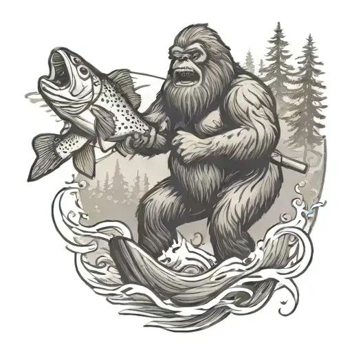 Bigfoot Catching A Trout While Fly Fishing