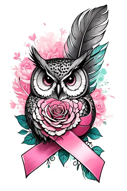 Multicolor Rose Feather Owl Breast Cancer Ribbon Wrapped
